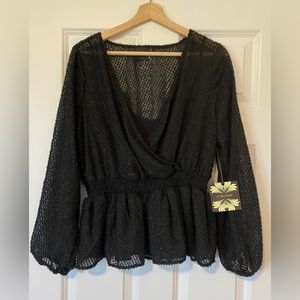 NWT- Black Shimmer Longsleeve V Neck Top- Size: M
